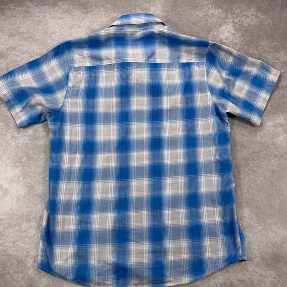 Dixxon Rincon Bamboo Blend Short Sleeve Plaid Snap Button Shirt Large Blue White - Picture 2 of 11